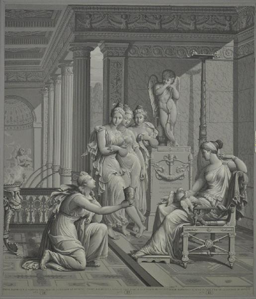 Psyché rapportant à Vénus un vase d'eau de la fontaine de Jouvence (Titre inscrit sur l'oeuvre) ; Psyche & Cupidon, tableaux tentures en papier peint (Titre d'origine. L'ensemble complet comporte 26 lés numérotés de gauche à droite.) ; Psyché (Titre de l'ensemble dans Nouvel, 1990.)