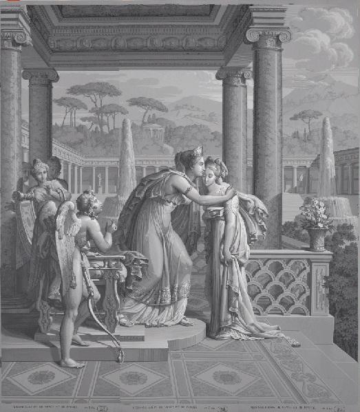 Réconciliation de Vénus et de Psyché (Titre inscrit sur l'oeuvre) ; Psyche & Cupidon, tableaux tentures en papier peint (Titre d'origine. L'ensemble complet comporte 26 lés numérotés de gauche à droite.) ; Psyché (Titre de l'ensemble dans Nouvel, 1990.)