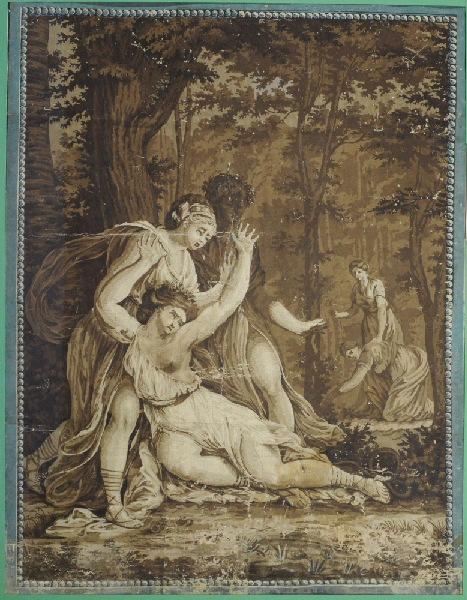 Euridice courant sur l'herbe avec d'autres nymphes est mordue d'un serpent au talon et en meurt
