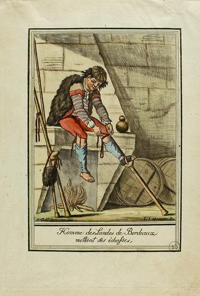 Homme des Landes de Bordeaux mettant ses échasses