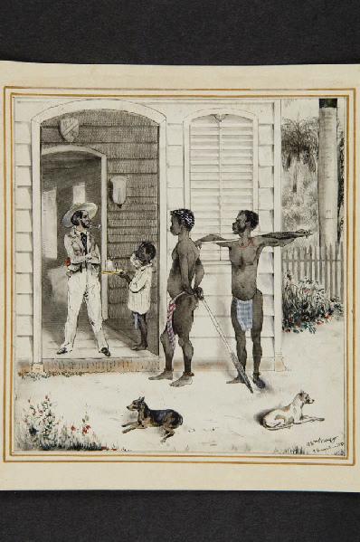 scène de la vie coloniale figurant trois noirs et un colon à l'entrée d'une habitation