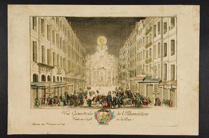 Paix de 1763 : vue géométrale de l'Illumintion [SIC] (Spectacle donné à Paris, Chereau, rue St Jacques au Cocq)