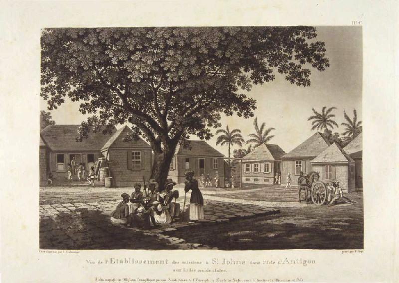 Vue de l'Etablissement des missions à St. Johns dans l'Isle d'Antigoa aux Indes occidentales