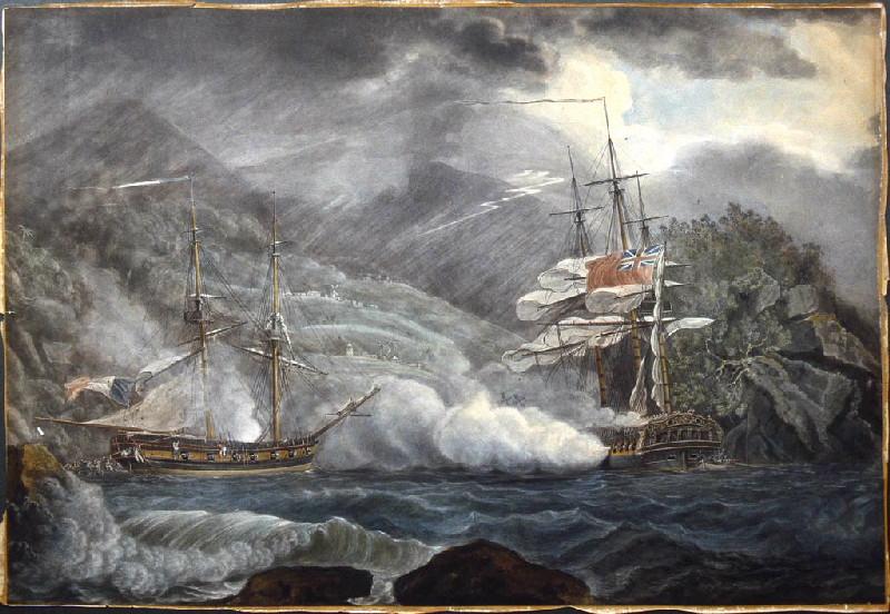 Combat du navire français 'Brutus' contre la corvette anglaise 'la Mermaid' à la Grenade en 1795