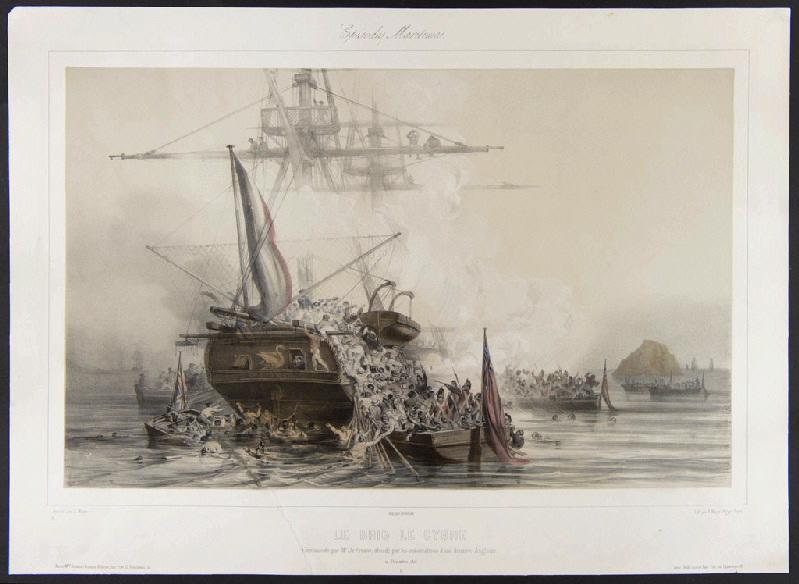 Le Cygne, navire à deux mâts, abordé par les embarcations d'une division anglaise