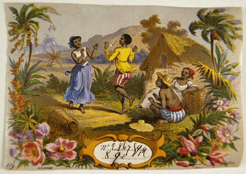 Planche d'images collées dont deux lithographies coloriées figurent l'une une scène de danse, l'autre, une scène de transport du coton [titre factice]