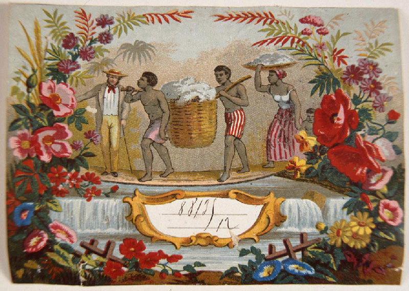 Planche d'images collées dont quatre chromolithographies figurant la cueillette du coton [titre factice]