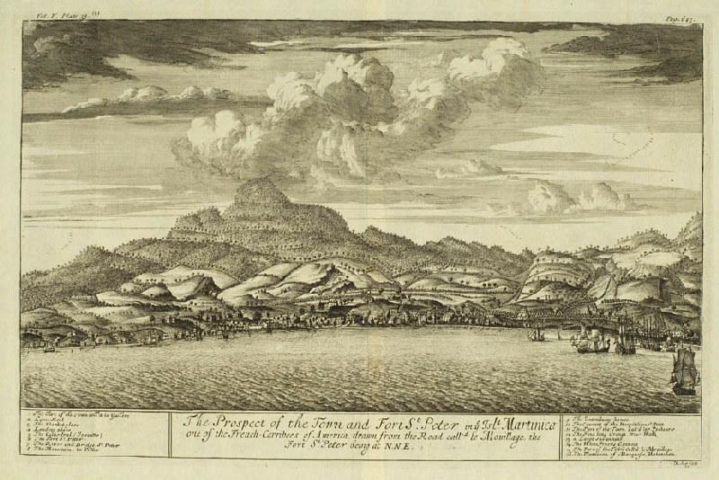 Vue de la Ville et du Fort de Saint-Pierre de la Martinique, l'une des îles Caraïbes françaises d' Amérique, dessinée depuis la rade appelée Le Mouillage, le Fort Saint-Pierre se situant au nord/nord-est