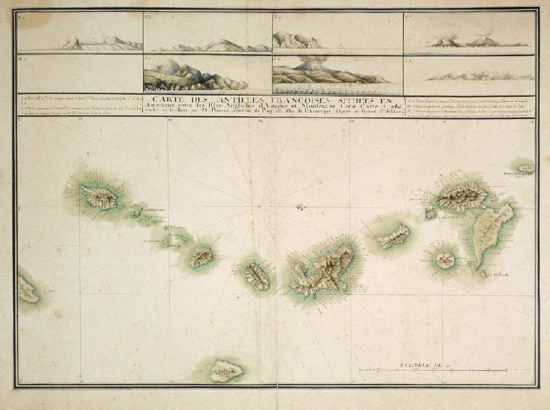 Carte des Antilles Francoises situées en Amérique entre les Isles Angloises d'Antigue et Monseratte