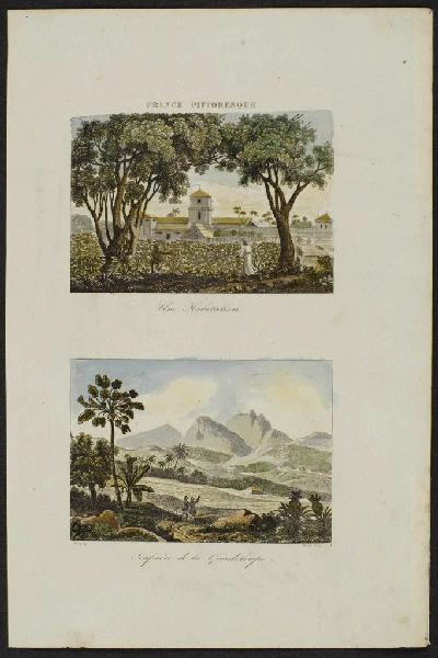 Deux vues : une habitation et la Soufrière de la Guadeloupe