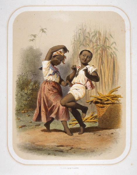 Deux enfants noirs dansent dans le champ de cannes à sucre