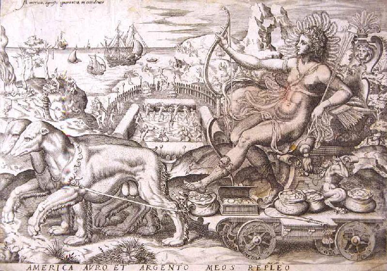 America auro et argento meos repleo ; America, agresti ignorantia, in Occidente