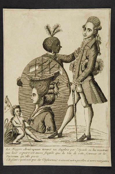 Le Neigre Amériquain tenant un Anglois par l'épaule en lui montrant que leur espoire est aussi fragile que la tête de cette femme et le Vaisseau qu'elle porte.