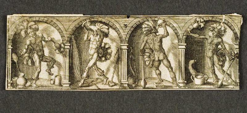 Quatre guerriers, dont deux se servent de maracas