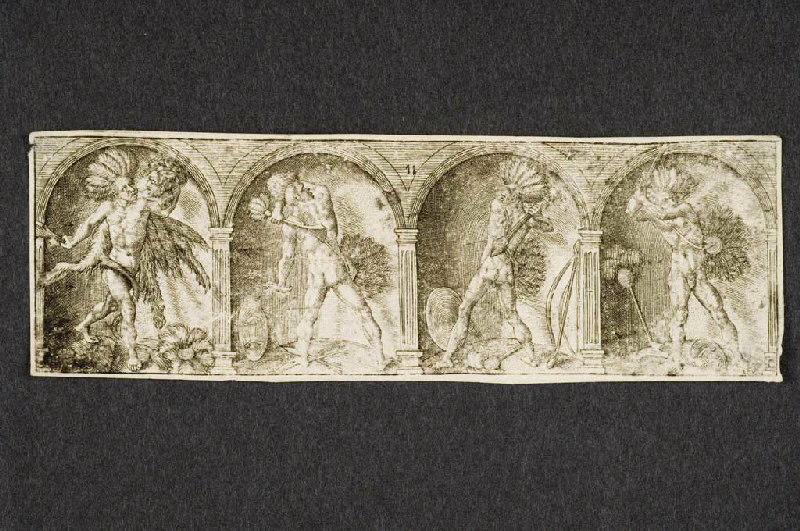 Guerriers cannibales avec diadèmes et roues à plumes, maracas, boucliers et massues de diverses provenances