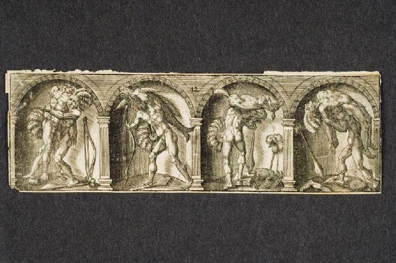 Guerriers cannibales transportant des cadavres d'humains et d'animaux