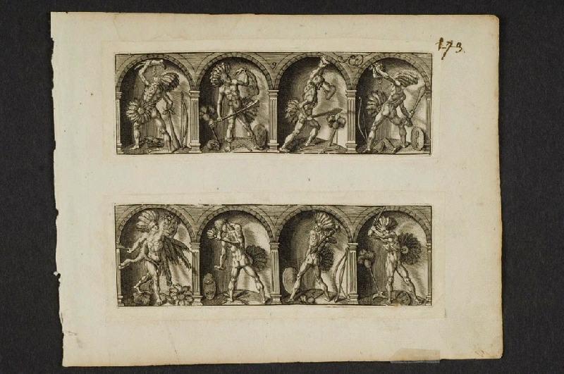 Guerriers cannibales brandissant des membres et têtes humaines [suivi de] Guerriers cannibales avec diadèmes et roues à plumes, maracas, boucliers et massues de diverses provenances