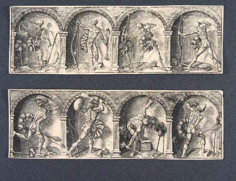 Guerriers avec diadèmes, roues à plumes, armés de boucliers, maracas et diverses massues