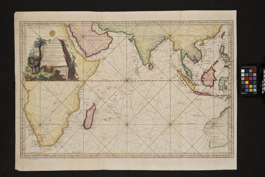 Carte réduite de l'Océan Oriental ou Mer des Indes Pour servir aux Vaisseaux du Roy dressée au Dépôt des cartes et plans de la Marine par ordre de Monsieur Machault, Garde des Sceaux de France, Ministre et Secrétaire d'Etat ayant le département de la Marine et par Monsieur Bellin, ingénieur de la Marine et du dépost des plans, censeur royal de l'Ac