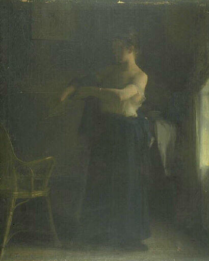 Jeune femme à la robe bleue à sa toilette