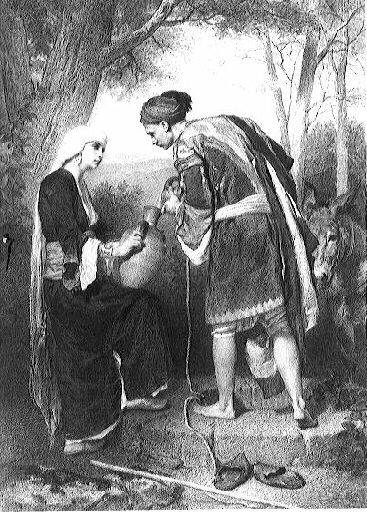 Homme et femme remplissant une cruche