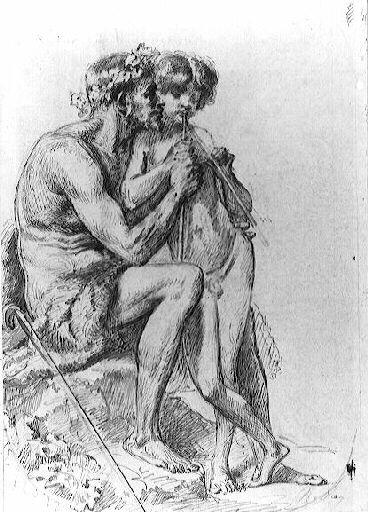 Homme et enfant jouant du pipeau