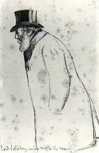 Lord Salisbury in his way to the House ; Lord Salisbury rentrant chez lui