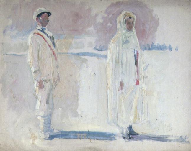 HOMMAGE DE LA JEUNESSE DE LA FRANCE A LA STATUE DE JULES FERRY : DEUX PERSONNAGES DEBOUT, UN FRANÇAIS, UN TUNISIEN