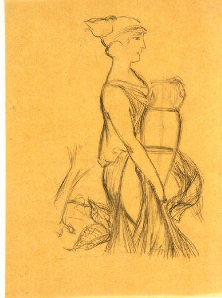 Projet pour un cuir ouvragé pour le salon des arts décoratifs de 1911 à Paris. Etude d'une femme avec cruche