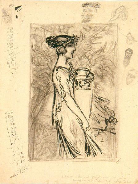 Projet pour un cuir ouvragé pour le salon des arts décoratifs de 1911 à Paris. Etude d'une femme avec cruche