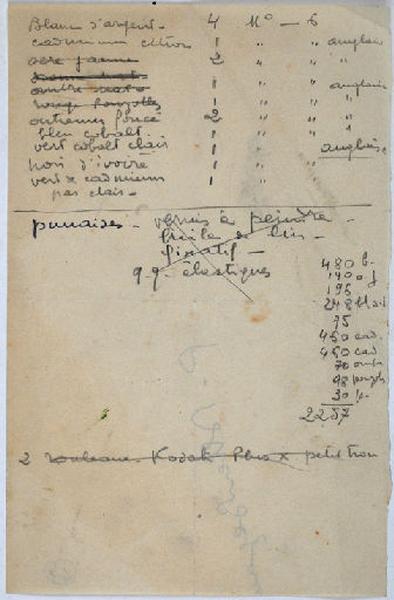 Liste de fournitures de peinture faite par Albert Bégaud