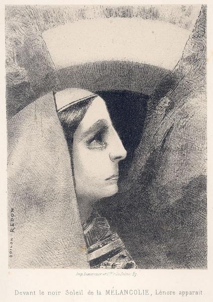 A Edgar Poe : 6 lithographies (planche 2) ; Devant le noir Soleil de la MELANCOLIE. Léonore apparaît (autre titre)