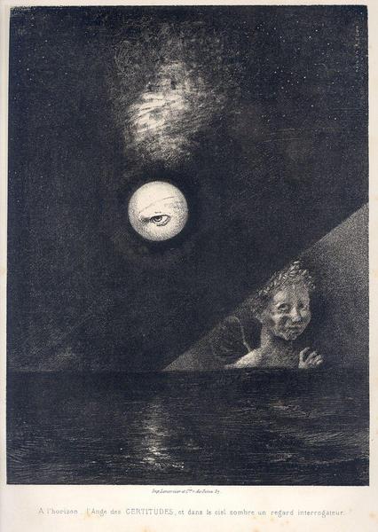 A Edgar Poe : 6 lithographies (planche 4) ; A l'horizon, l'Ange des CERTITUDES, et dans le ciel sombre un regard interrogateur (Autre titre)