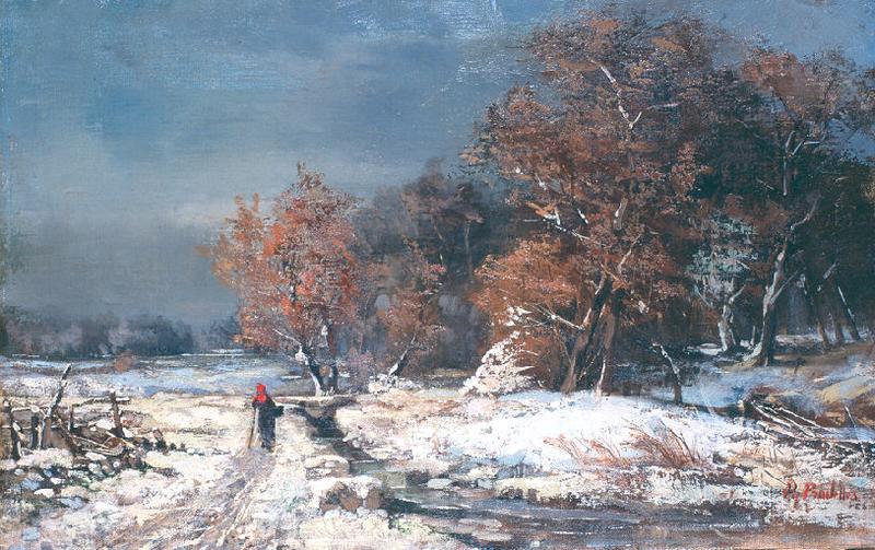 Paysage de neige avec enfant au bonnet rouge
