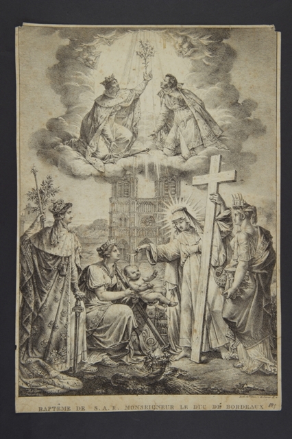 "Baptême de S.A.R. Monseigneur le duc de Bordeaux" ; Allégorie du baptême du duc de Bordeaux