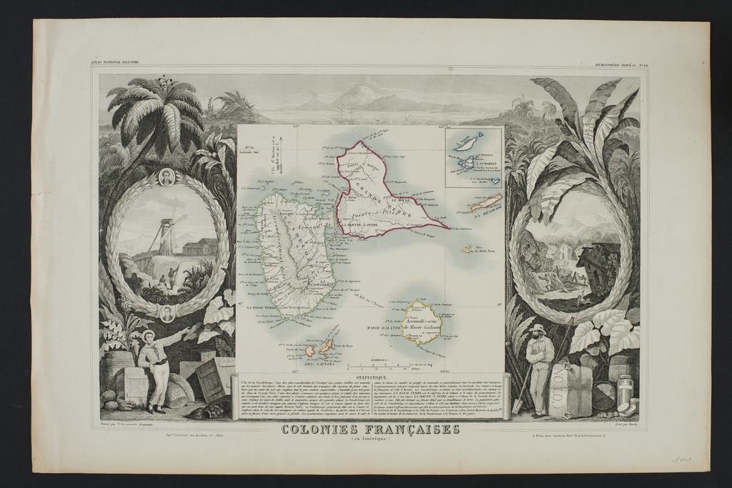 "Colonies françaises" ; Carte et illustrations sur les colonies françaises aux Antilles