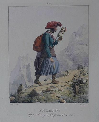 Pyrénées : paysanne du village de Grip, passant le Tourmalet.