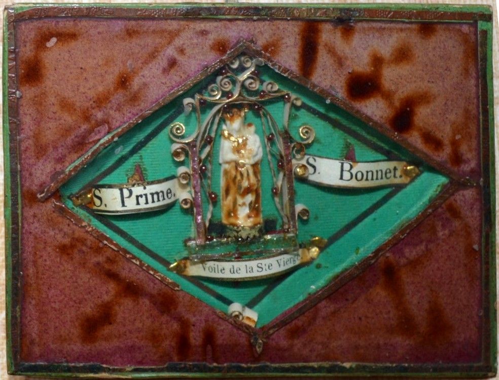 Reliquaire domestique à papier roulé ; Saint Prime et saint Bonnet