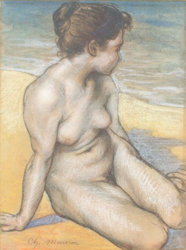 Nu assis au bord de l'eau