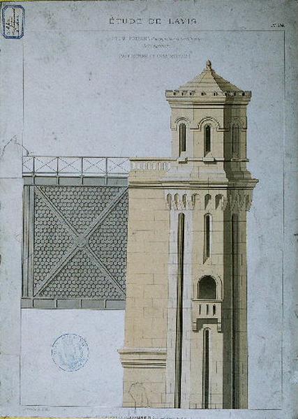Etude de lavis ; Culée poterne d'un pont tournant en tôle et fer