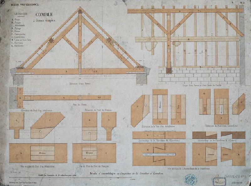 Dessins professionnels : Charpente (Numéro des planches : 1, 2, 3, 4, 4, 7.)