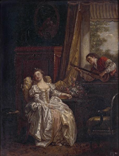 Jeune femme endormie dans un intérieur, tandis qu'un galant joue de la guitare sur le balcon (copie d'après Leprince) ; L'Amour à l'Espagnole (Titre de la gravure reproduisant le tableau)