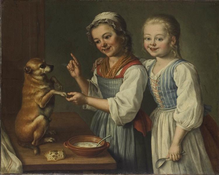 L'Education ; Deux petites filles dressant un chien