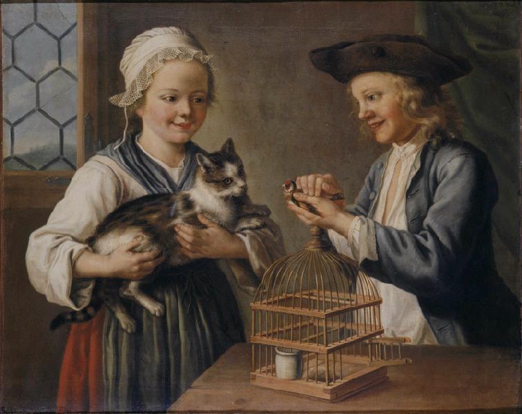 Tentation ; Un petit garçon, une petite fille et un chat ; Enfants montrant un oiseau à un chat