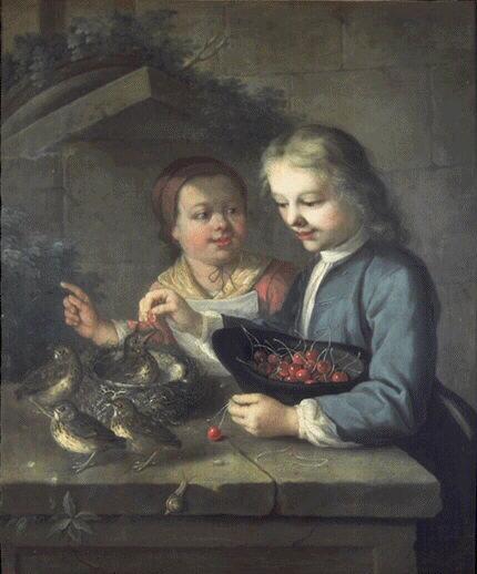 Enfants donnant des cerises à des moineaux ; La Becquée ; Un petit garçon et une petite fille donnant des cerises à des oiseaux