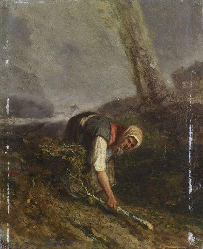Femme ramassant du bois mort