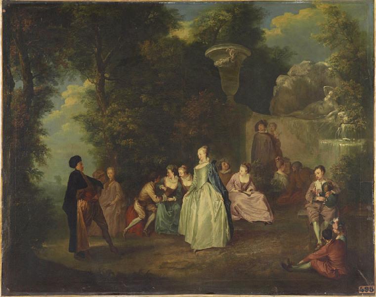 Fêtes vénitiennes (copie d'après Watteau) ; Une danse exécutée par des personnages costumés à l'espagnole, dans un bosquet au fond duquel on voit une cascade (Cat. 1883)