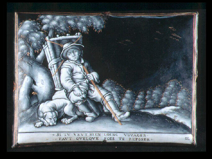 Les Quatre points du jour : un paysan portant une hotte et accompagné d'un chien se repose sur une pierre