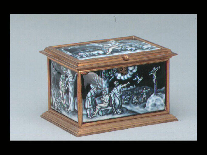 Orphée charmant les animaux (sur le couvercle) ; La Rédemption (à l'avant) ; La Création d'Eve et Dieu interdisant à Adam et Eve le fruit de l'Arbre de vie (à l'arrière) ; Adam et Eve chassés du Paradis (à droite) ; La Tentation (à gauche)