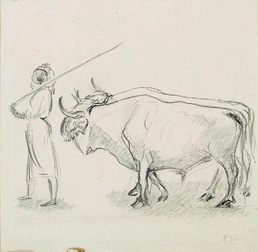Bergère et attelage de boeufs
